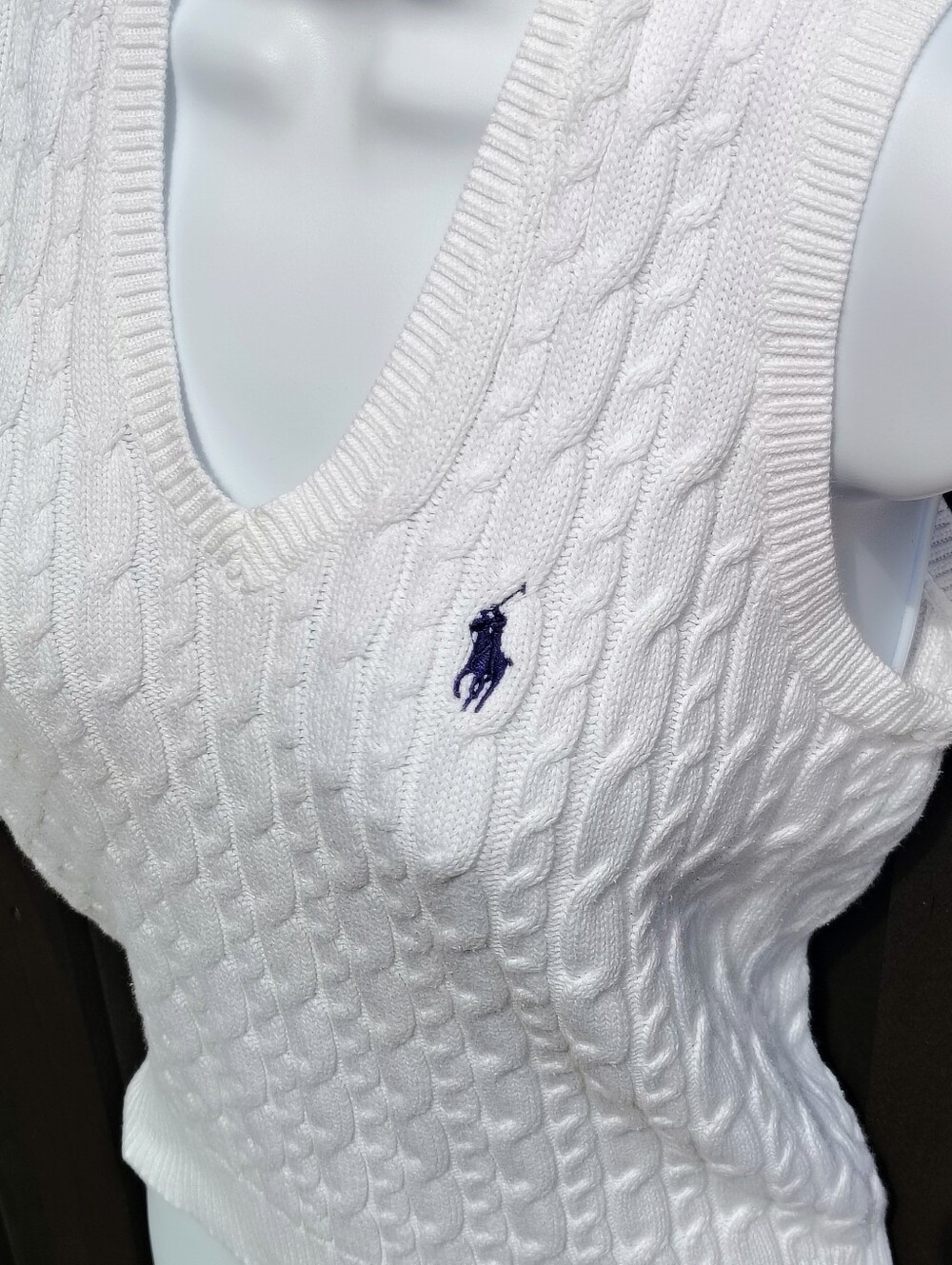 Polo Ralph Lauren White Cable-Knit V-Neck Sweater Vest